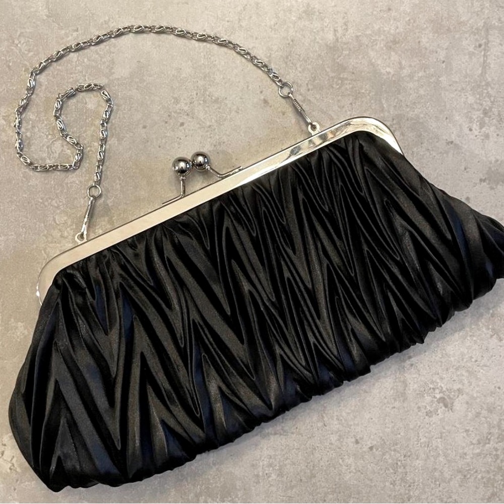 Black Silver Formal Evening Bag Chain Satin Minimalist